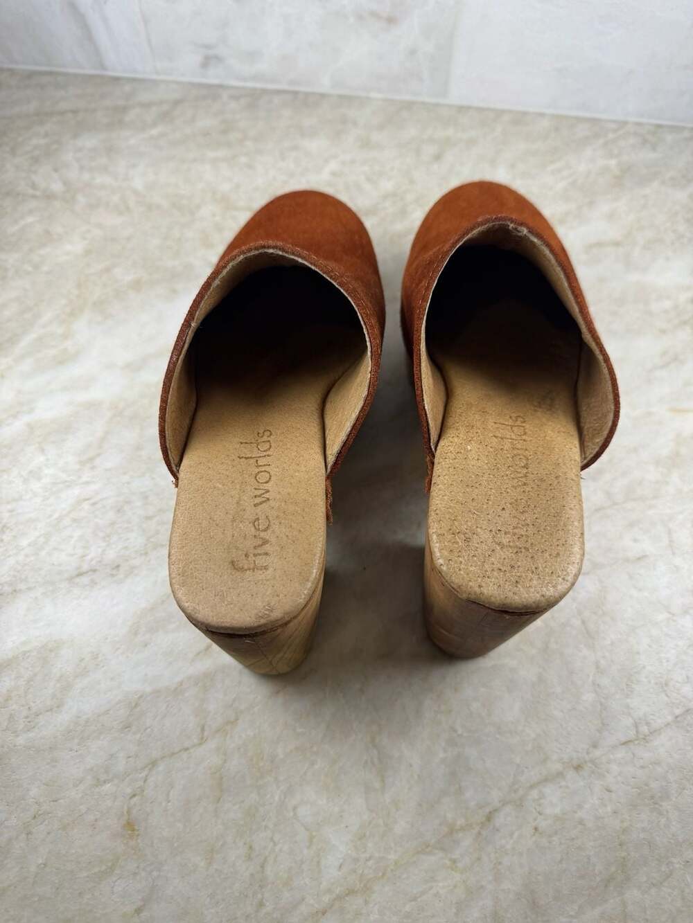 Five Worlds Brown Suede Studded Wooden Clog Heels Size 7 Boho Mules - Picture 8 of 9